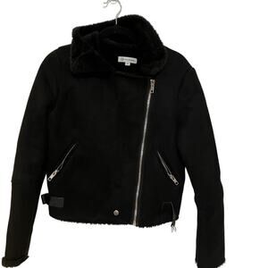 Black Faux Leather Motorcycle Style Bomber Jacket (S)